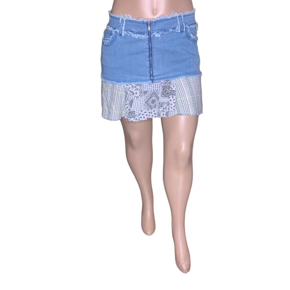 Traffic Jeans Patchwork Bandana Denim Skirt Belt Loops 3 Size XXL Blue and Black
